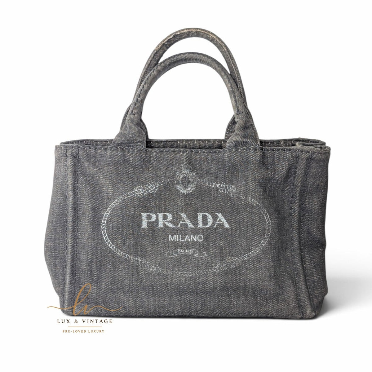 Prada Canapa Small Tote Bag aus anthrazitfarbenem Denim