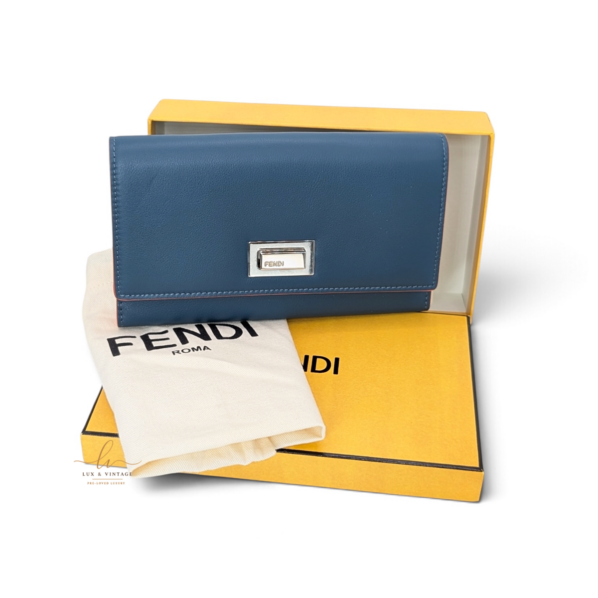 Fendi Selleria Continental Wallet Leder Blau neuwertig